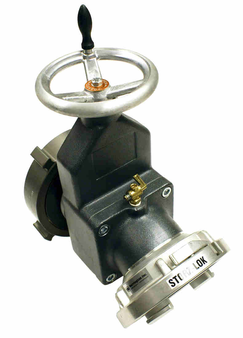 Harrington Gate Valve 4" W/ 25° Elbow 6" NH Female Swivel Rocker Lug Inlet X 5" Storz Lock