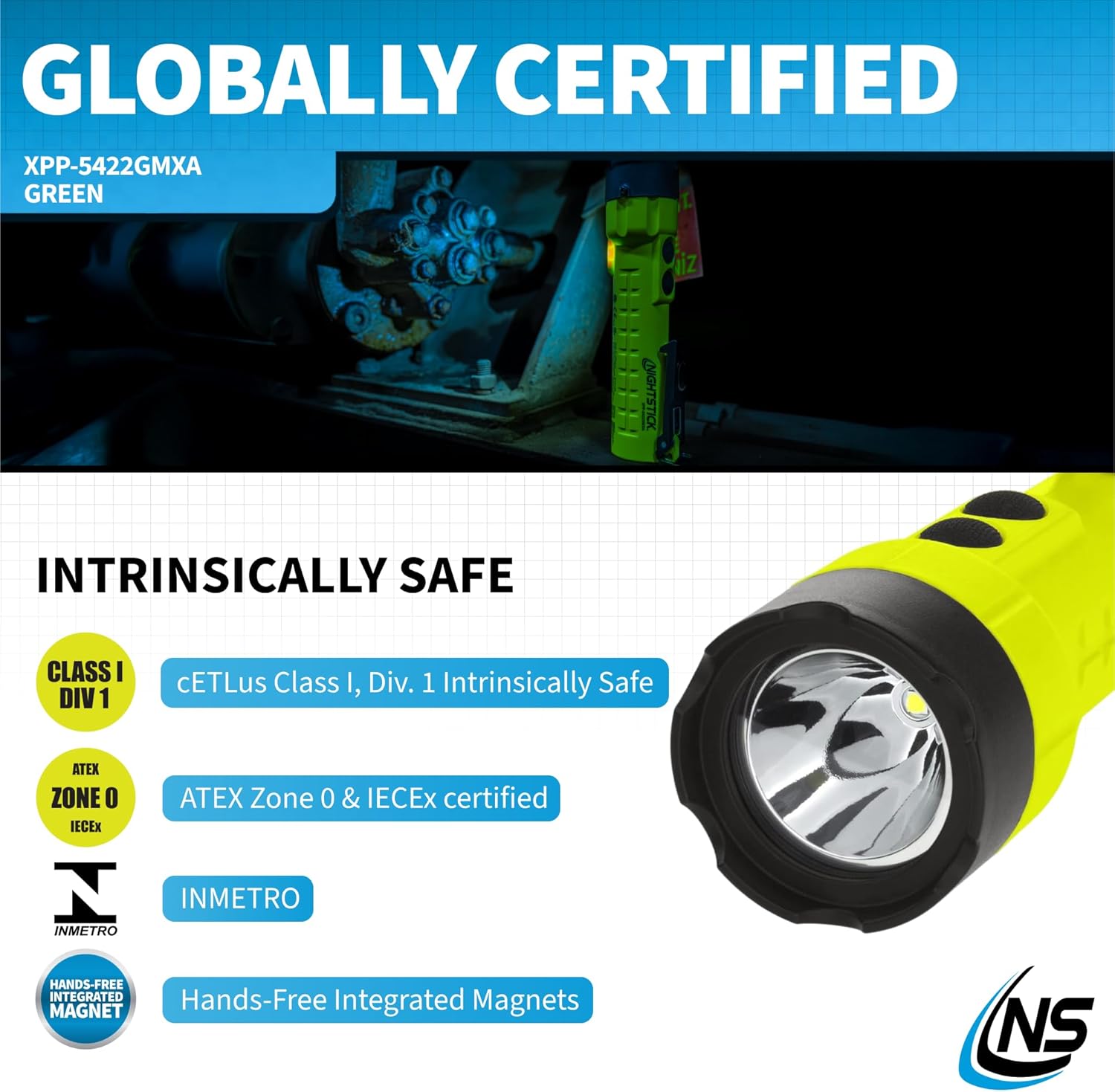Nightstick Intrinsically Safe Dual-Light Torch W/magnets - 3 AA (not Included) - Green - ATEX