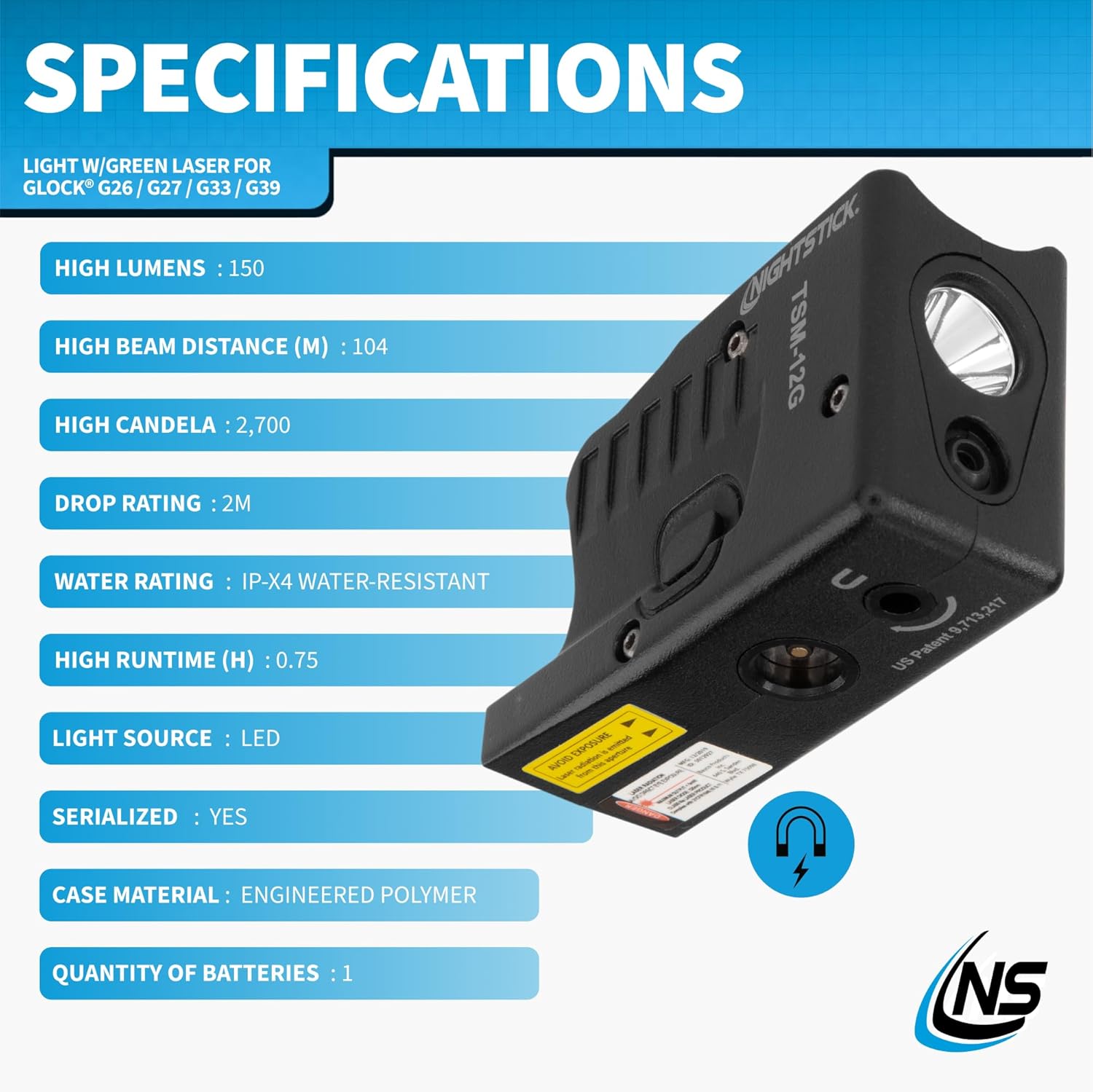 Nightstick Sub-Compact Handgun Light W/green Laser - Li-Ion - Fits Glock® G26 / G27 / G33 / G39