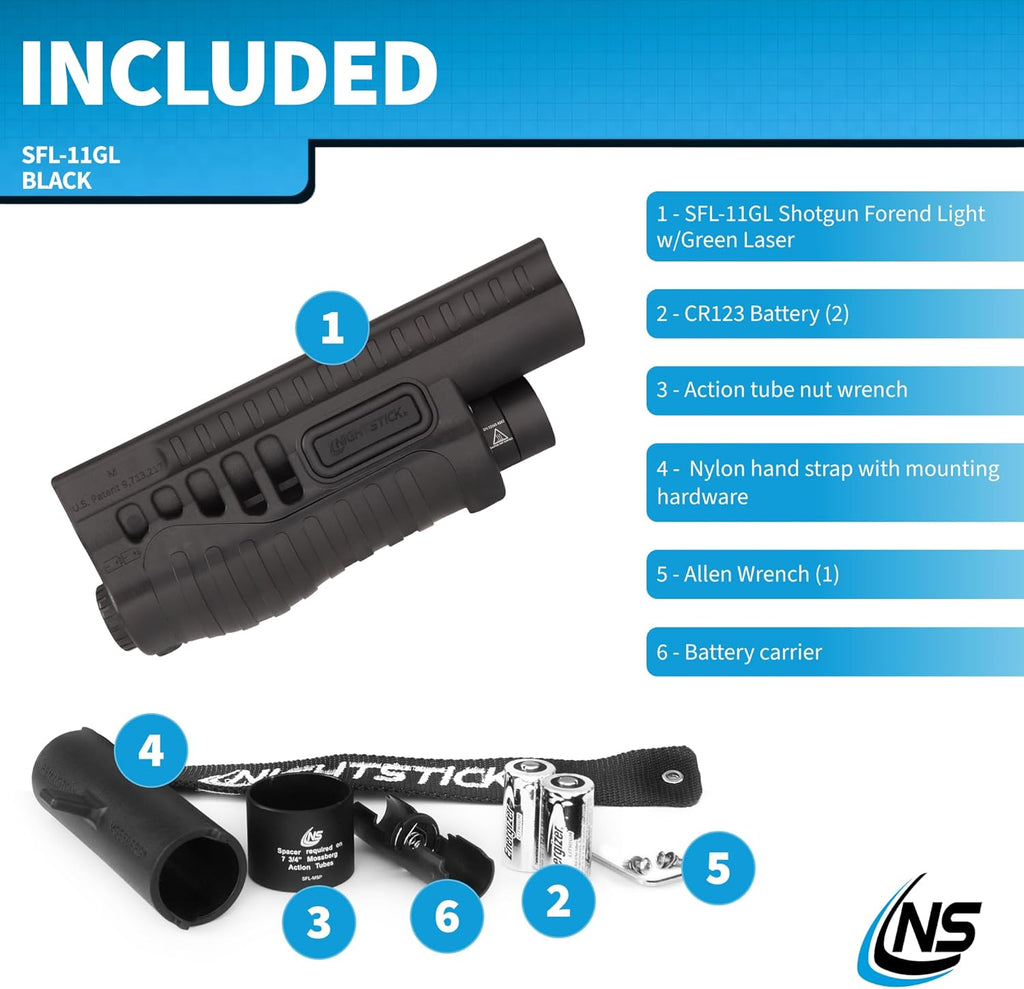 Nightstick Polymer Shotgun Forend Light W/green Laser - 12ga Mossberg® 500/590/590A1/Shockwave - 2 CR123 - Black