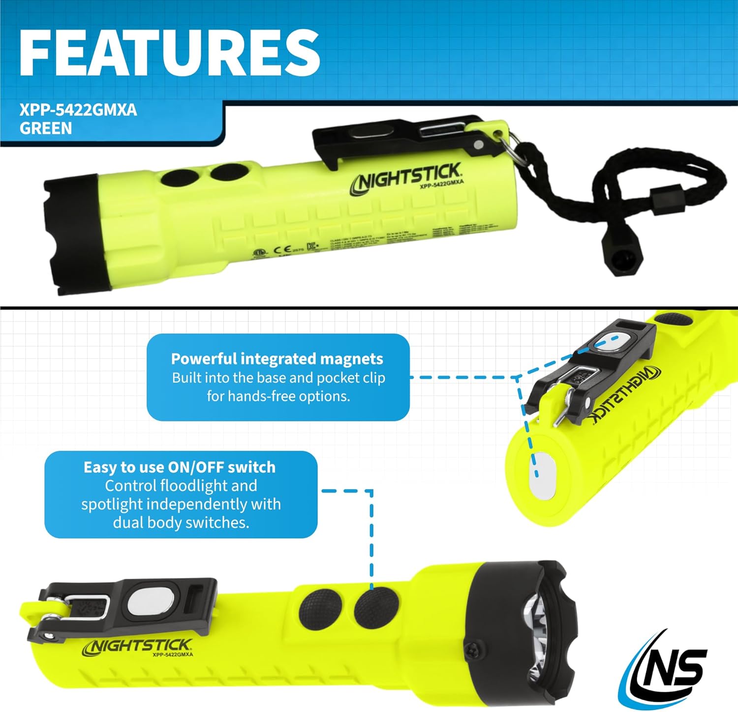 Nightstick Intrinsically Safe Dual-Light Torch W/magnets - 3 AA (not Included) - Green - ATEX