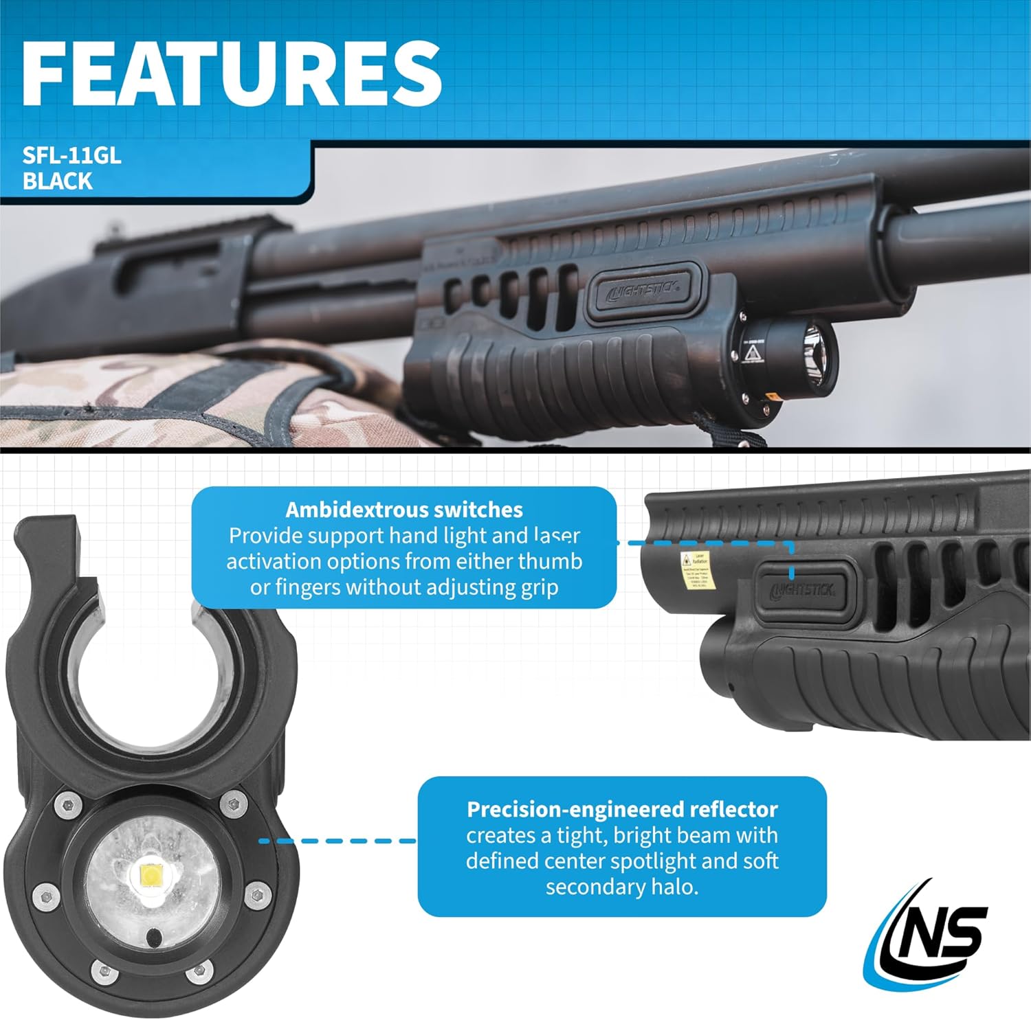 Nightstick Polymer Shotgun Forend Light W/green Laser - 12ga Mossberg® 500/590/590A1/Shockwave - 2 CR123 - Black
