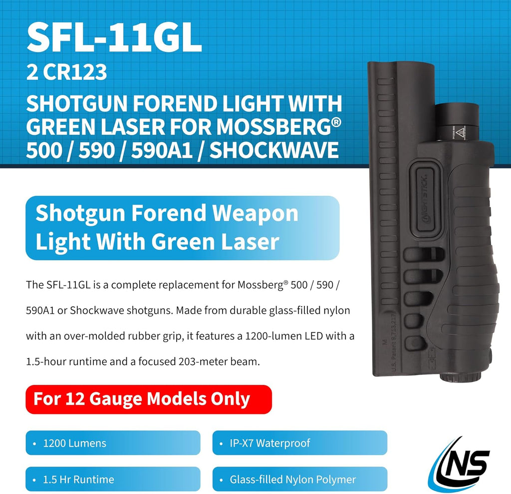Nightstick Polymer Shotgun Forend Light W/green Laser - 12ga Mossberg® 500/590/590A1/Shockwave - 2 CR123 - Black