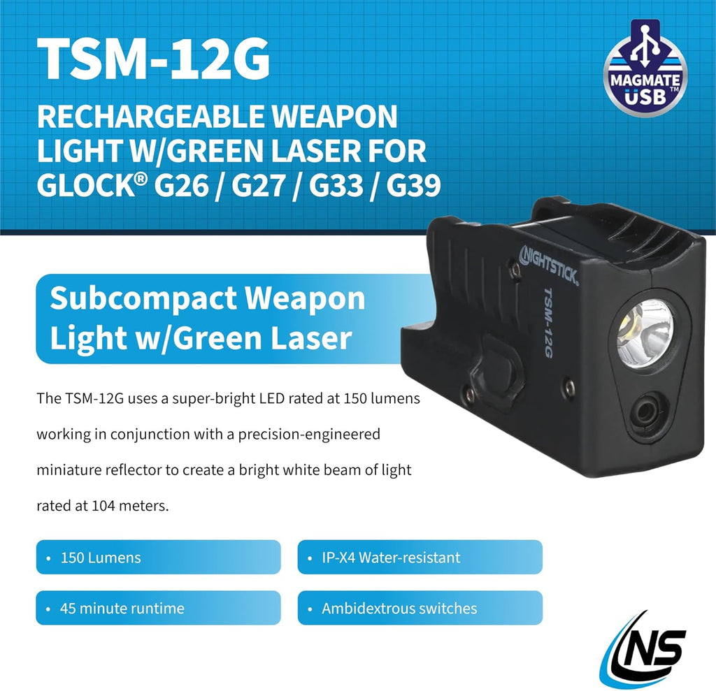 Nightstick Sub-Compact Handgun Light W/green Laser - Li-Ion - Fits Glock® G26 / G27 / G33 / G39