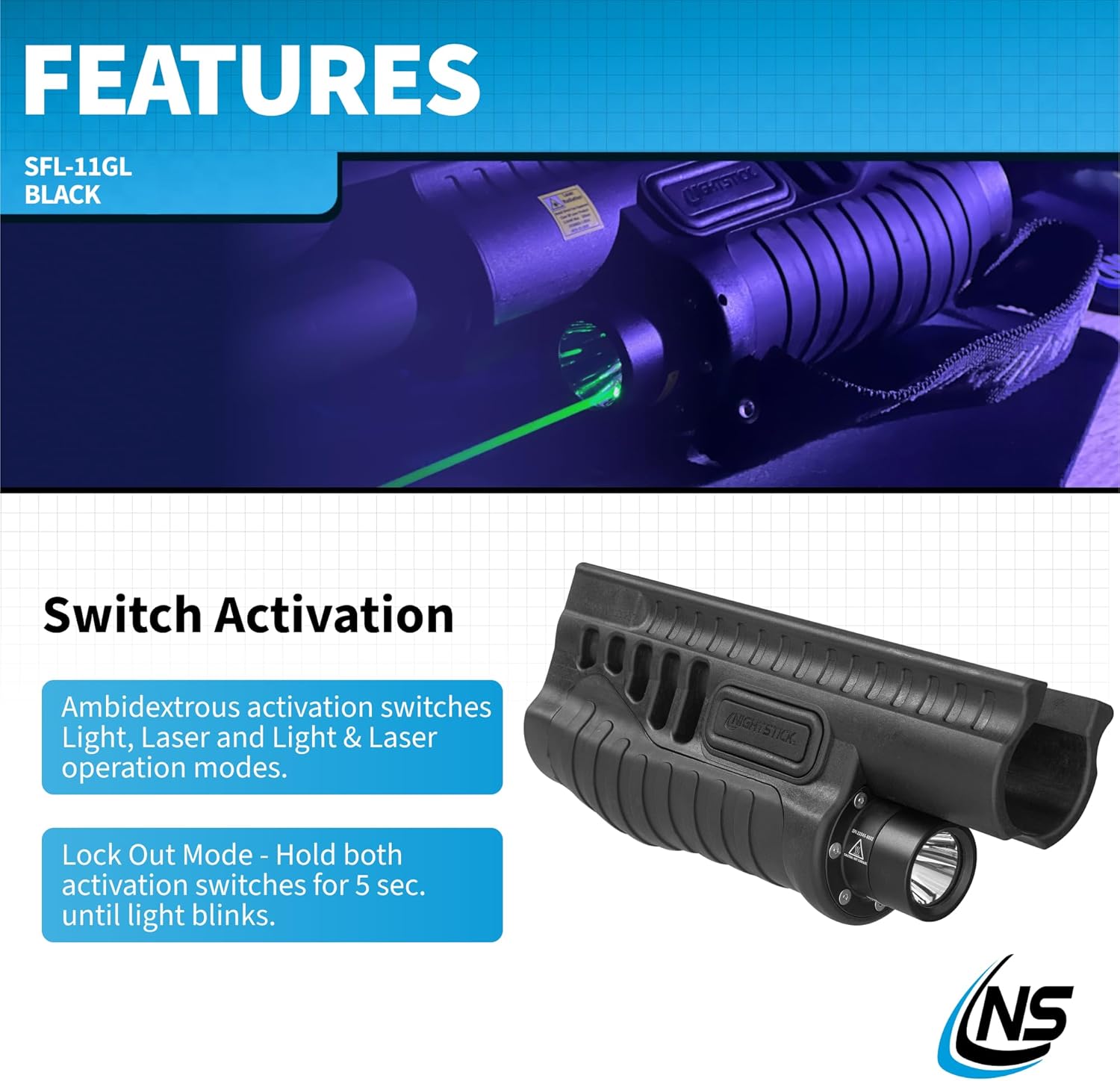Nightstick Polymer Shotgun Forend Light W/green Laser - 12ga