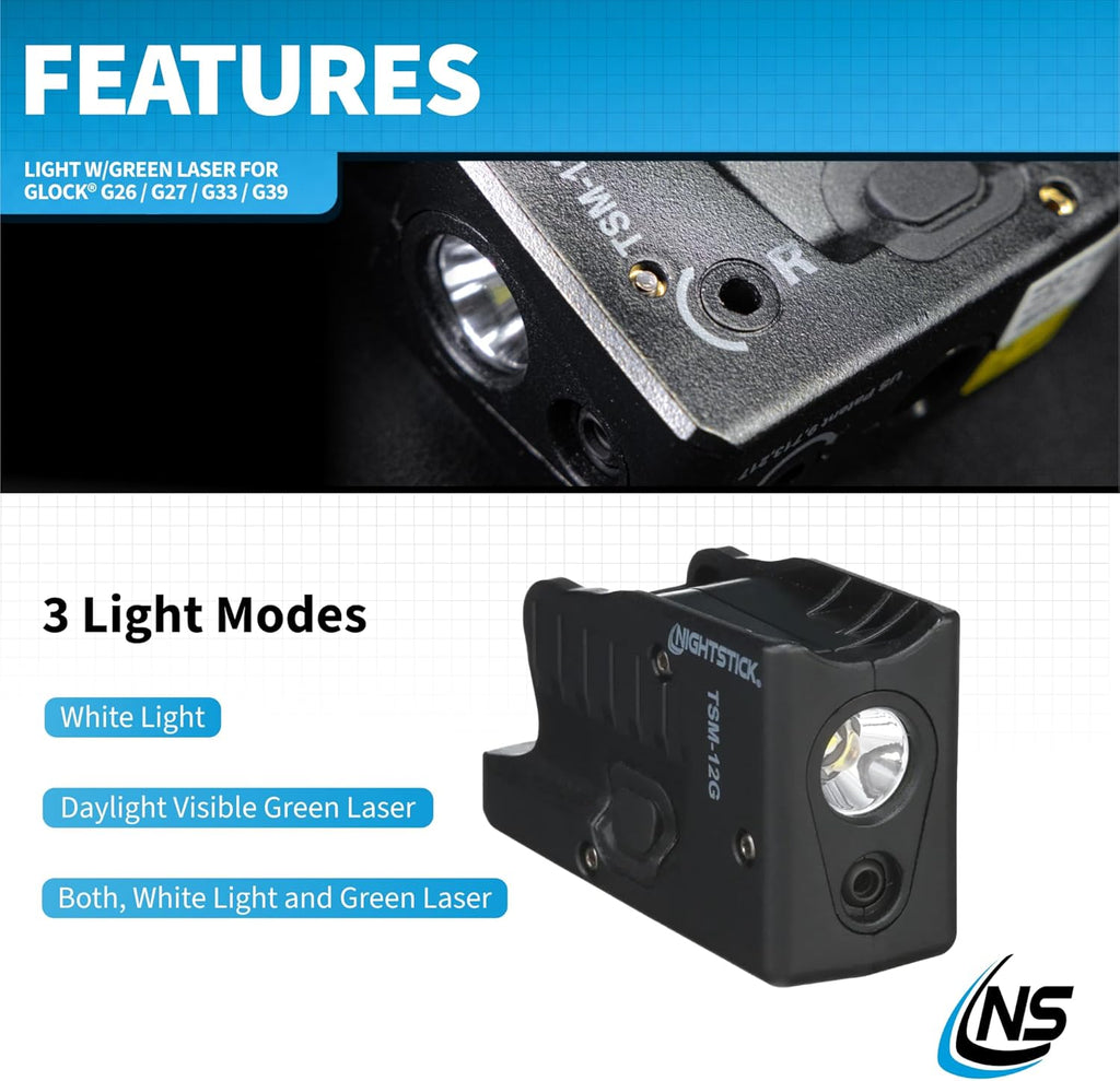 Nightstick Sub-Compact Handgun Light W/green Laser - Li-Ion - Fits Glock® G26 / G27 / G33 / G39