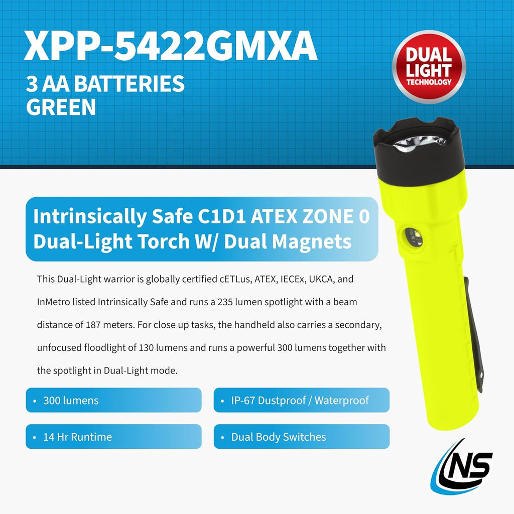 Nightstick Intrinsically Safe Dual-Light Torch W/magnets - 3 AA (not Included) - Green - ATEX