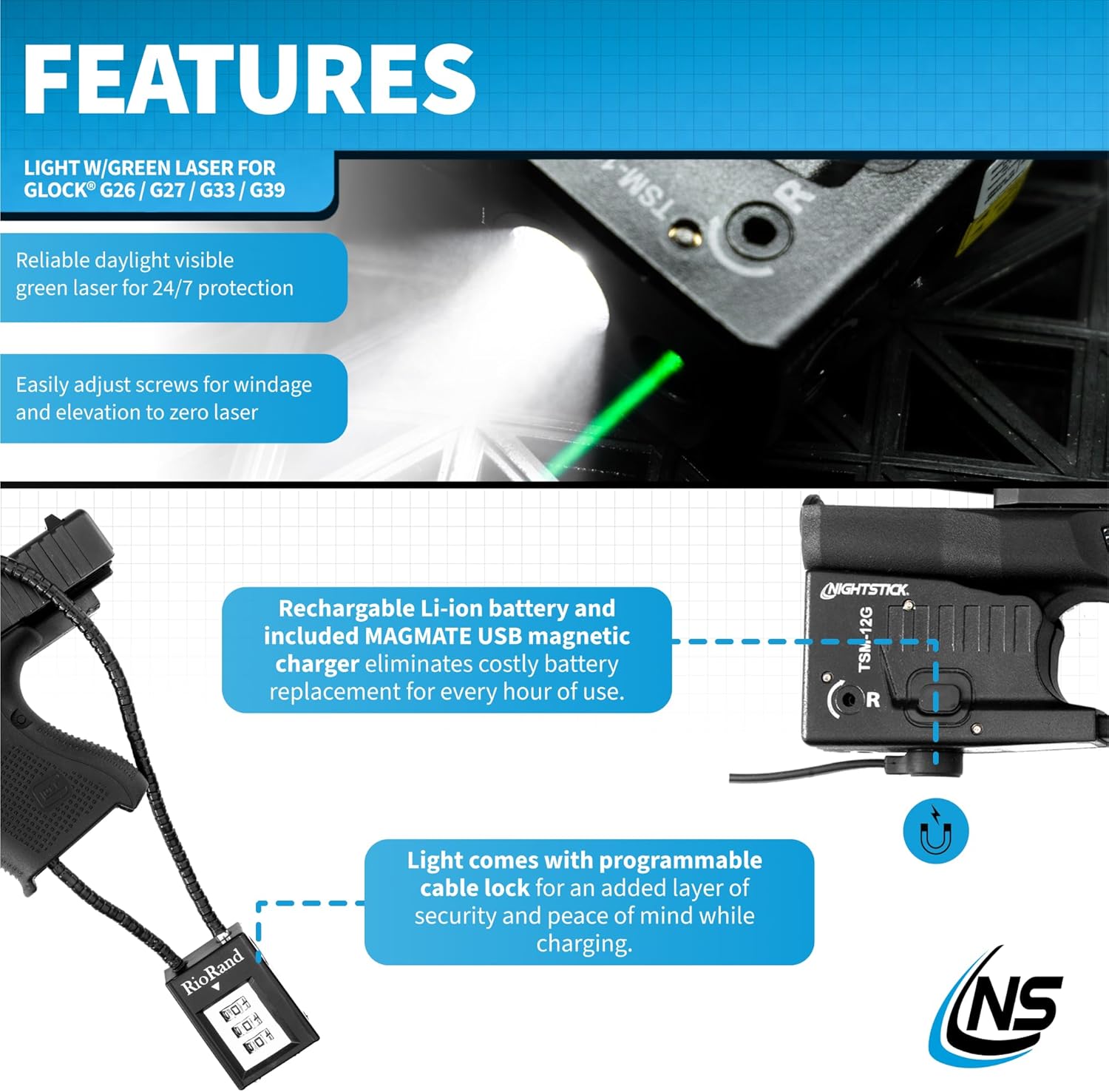 Nightstick Sub-Compact Handgun Light W/green Laser - Li-Ion - Fits Glock® G26 / G27 / G33 / G39