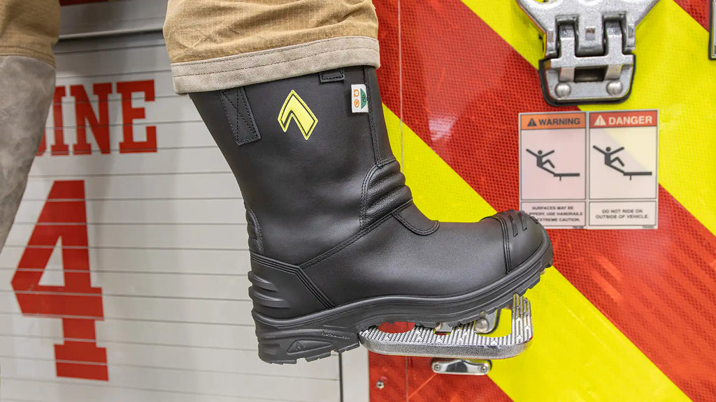 HAIX Fire Hunter Pro Women's firefighter boot climbing on fire truck