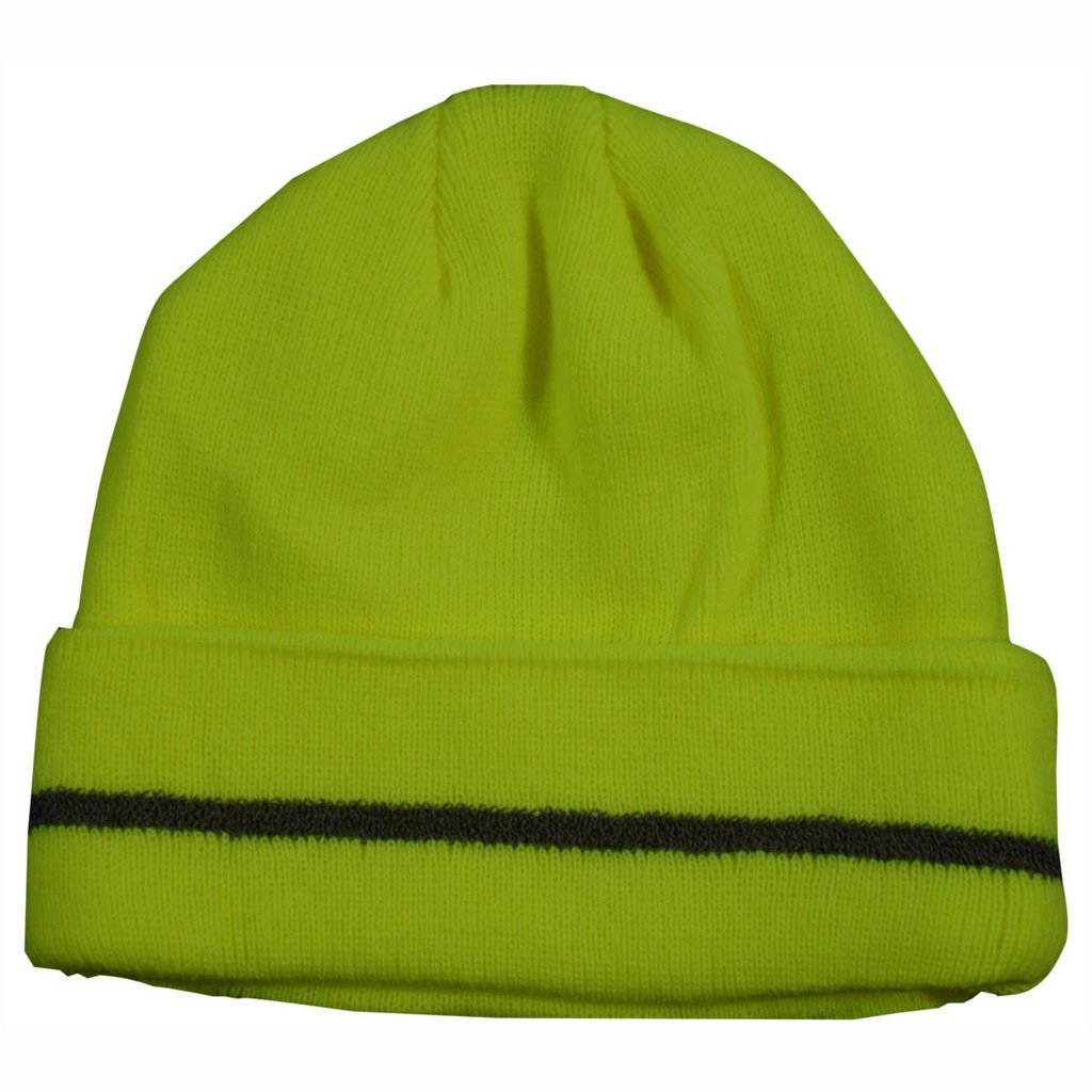 Lime Safety Beanie Hat with Reflective Stripe
